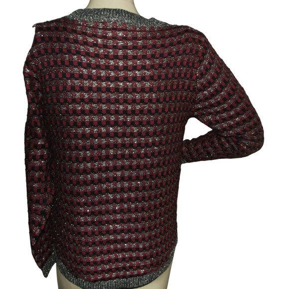 Womens Medium Red Black Gold Woven Plaid Acrylic Button Front Cardigan Sweater m - Picture 5 of 7